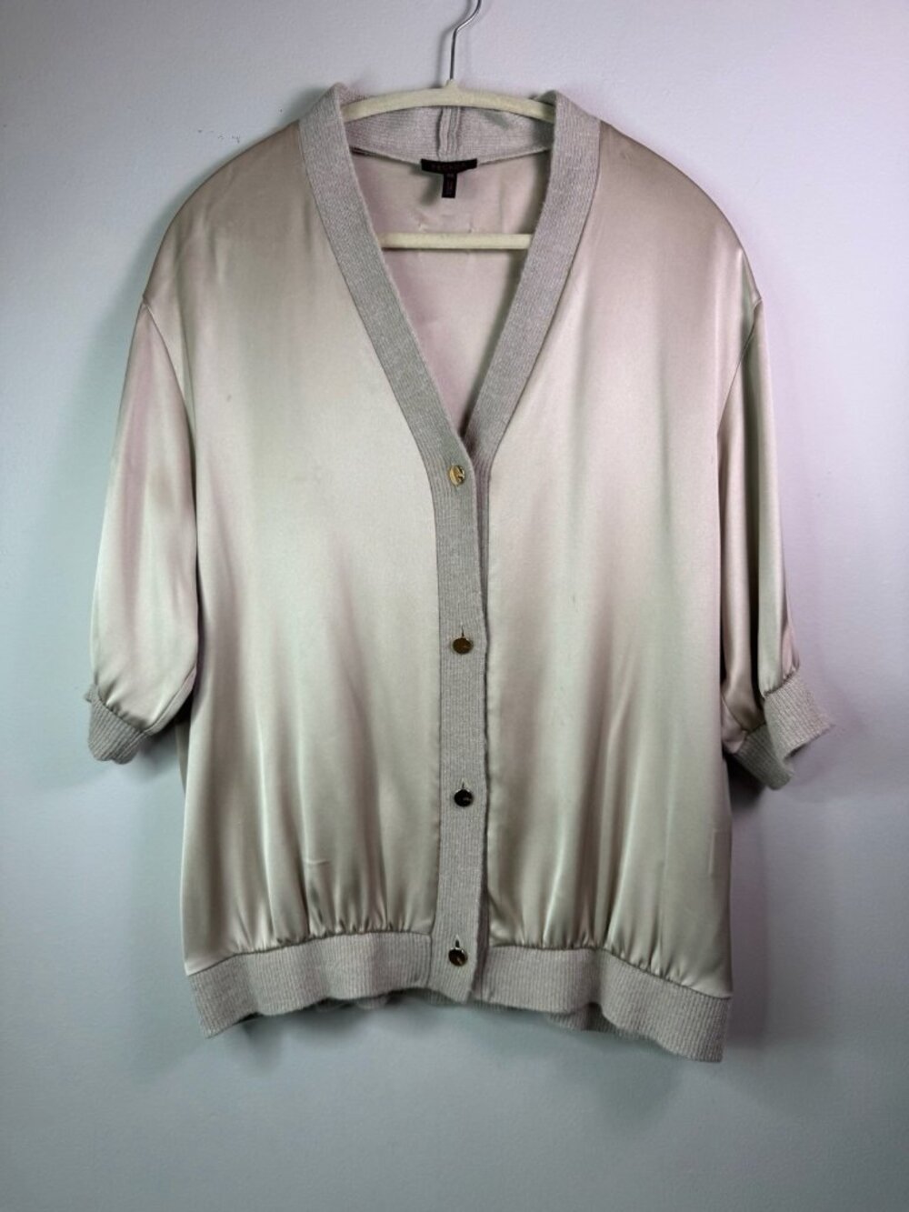 VTG Escada 100% Silk Beige Button Up Cardigan 3/4 Sleeve Knit Trim Size 40